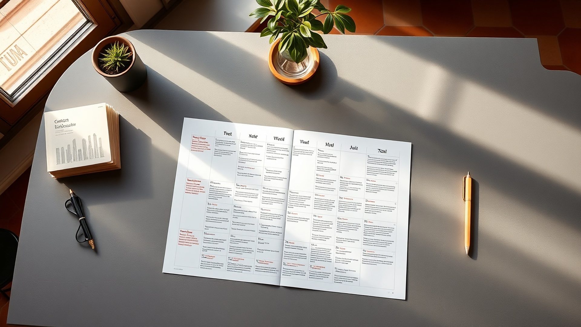 Calendario editorial estructurado sobre una mesa de trabajo en Valencia